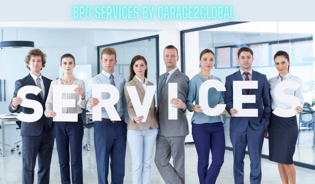 This is an infographic titled "BPO SERVICES BY GARAGE2GLOBAL." The graphic has a clean, modern design and is focused on listing the various Business Process Outsourcing (BPO) services offered by the company. The word "SERVICE" is prominently featured, acting as a header for the list of solutions provided, which are likely displayed in an easy-to-read, visually organized manner, such as icons paired with text. The design probably uses a professional color scheme to convey trust and efficiency, aligning with the BPO industry.