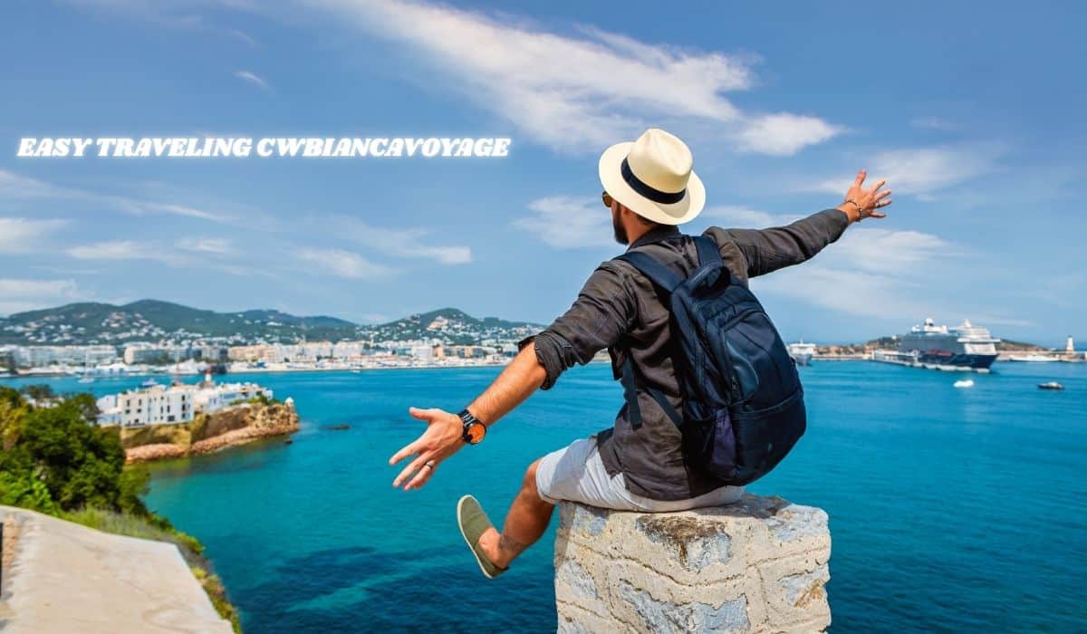 A stylish, minimalist graphic for the travel philosophy "Easy Traveling Cwbiancavoyage." The text "BASY TRAVELING CWBIANCAVOYAGE" is displayed in a clean, modern font against a neutral background, suggesting a concept for effortless and personalized journeys.