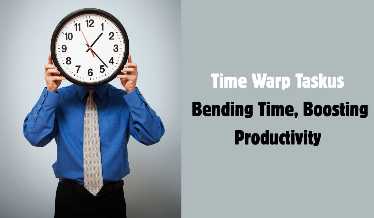Futuristic Time Warp Taskus logo featuring a stylized clock or warp effect, with the tagline 'Bending Time, Boosting Productivity' beneath. timewarptaskus