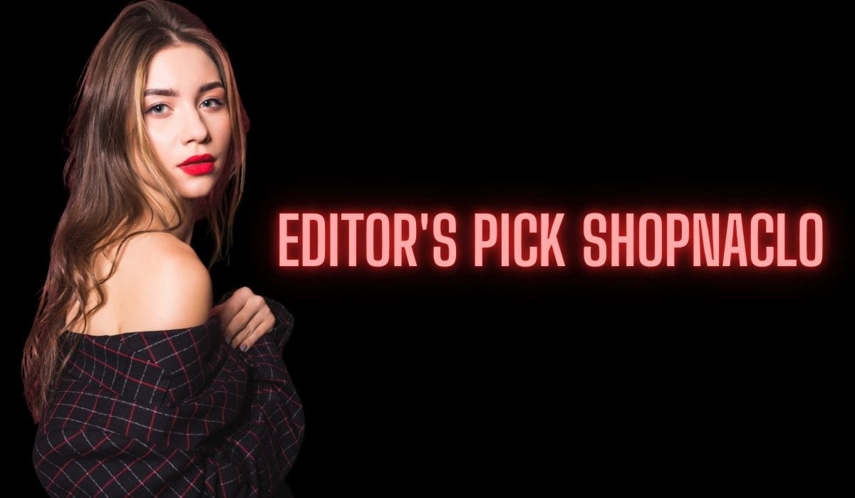 Fashion model with long brown hair and red lipstick wearing an off-shoulder plaid outfit, beside glowing neon text ‘Editor’s Pick ShopNaclo’ on a black background.