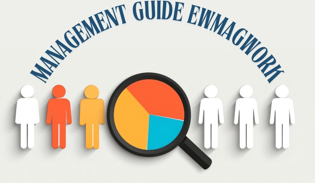 “Management Guide Ewmagwork concept illustration showing team figures and magnifying glass with pie chart, symbolizing teamwork and productivity.”