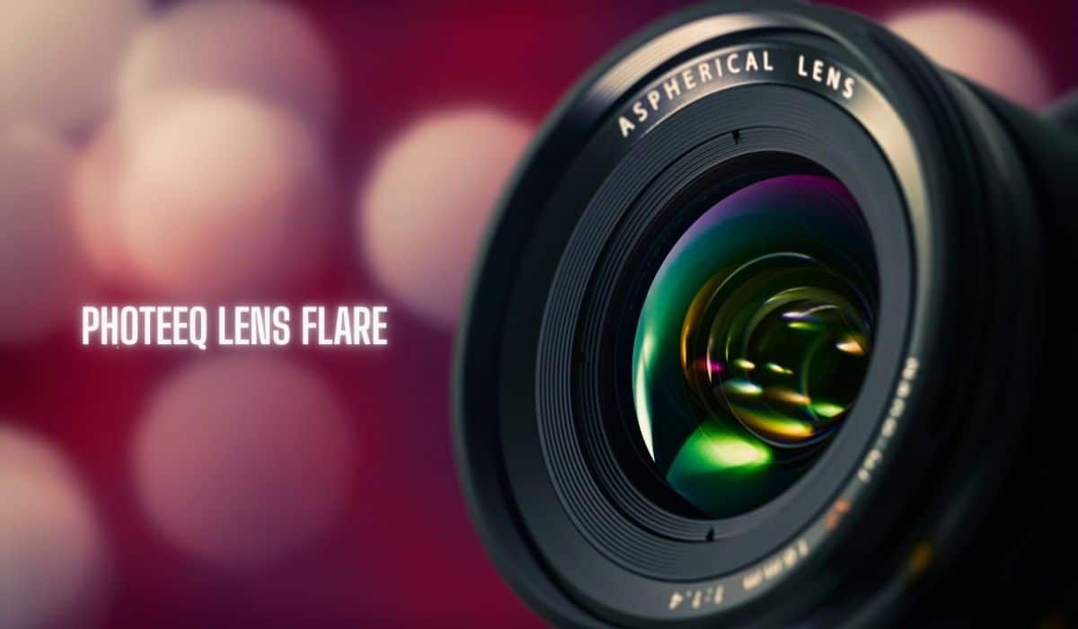 Close-up of a camera aspherical lens with colorful reflections, showing text ‘Photeeq Lens Flare’ on a blurred bokeh background.
