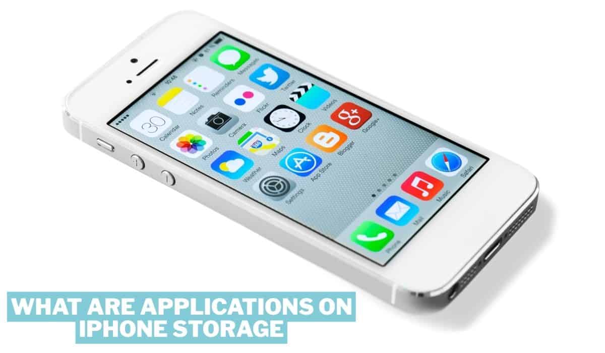Stylized text heading asking "What are applications on iPhone storage" with a smartphone icon