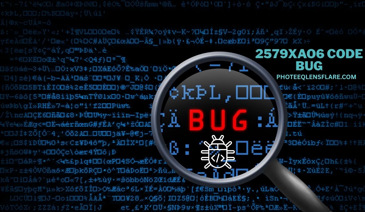 Magnifying glass highlighting the word "BUG" on a background of blue computer code with the text "2579xao6 Code Bug" – symbolizing software error detection and debugging.