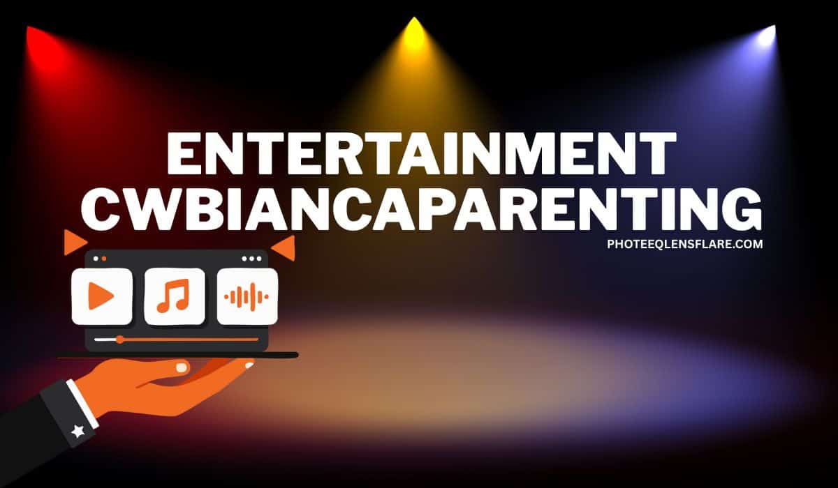 Digital graphic for an entertainment event titled "CWBiancaParenting". The background features a colorful spotlight stage with red, yellow, and blue lights. In the foreground, a hand holds a tablet displaying media icons (play button, music note, and soundwave). Text includes “ENTERTAINMENT CWBIANCAPARENTING” and the website “photeeqlensflare.com”.