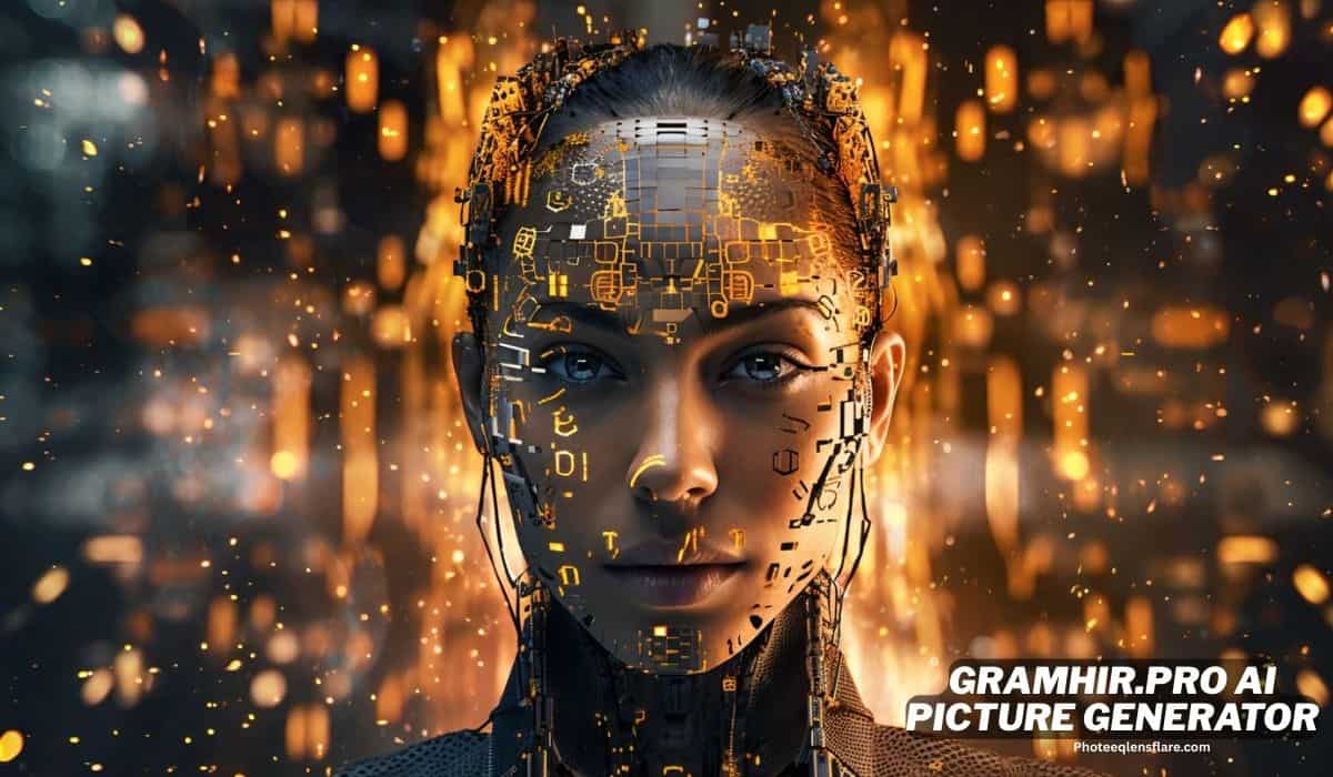 The logo and interface for the "GRAMHIR.PRO AI PICTURE GENERATOR" on the Photeeqlensflare.com website.