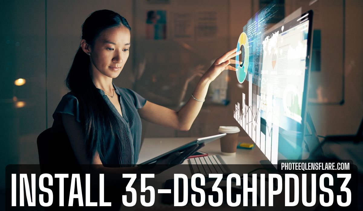 "Woman using futuristic touchscreen interface to install 35-DS3ChipDUS3 software – Photoeeqlensflare.com."