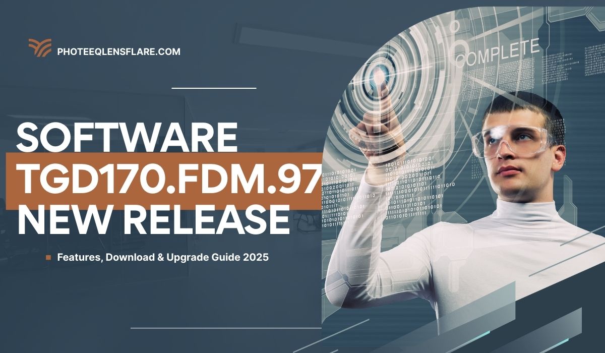 "Software TGD170.FDM.97 new release banner with futuristic technology interface and man interacting with digital screen."