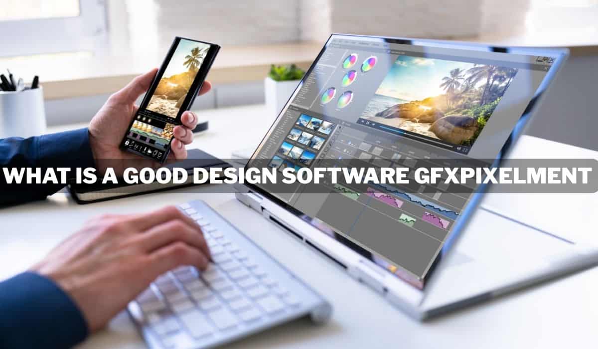 A modern laptop displaying the user-friendly interface of GFXPixelment, a powerful graphic design software ideal for digital artists and creators. What is a good design software gfxpixelment? Write on bold words.