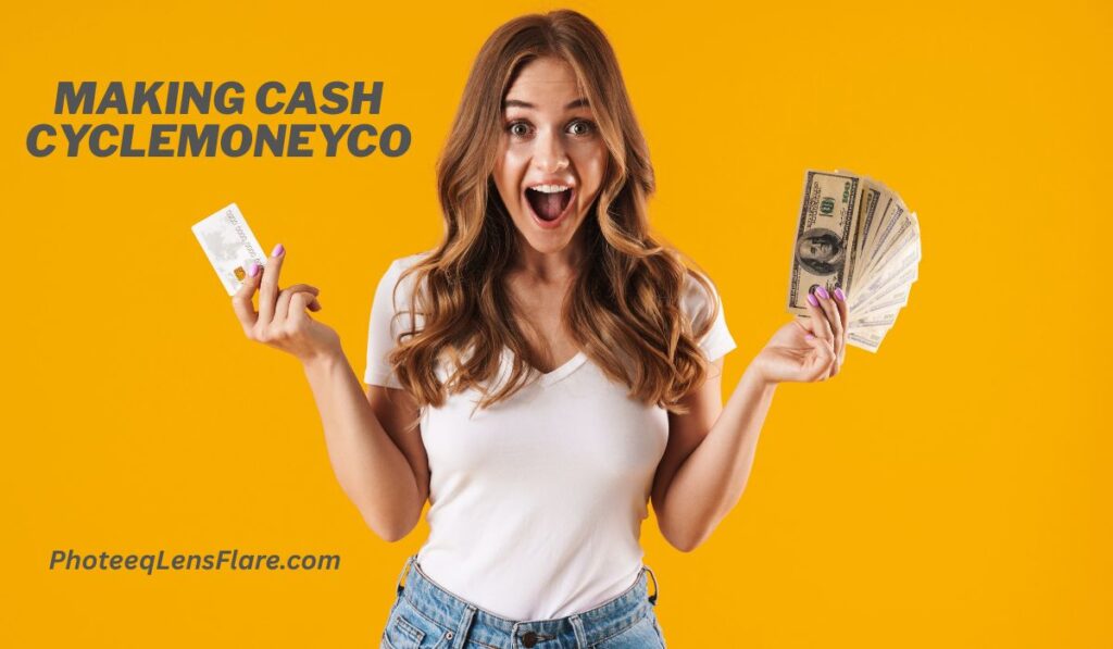 Excited young woman holding cash and a credit card against a bright yellow background, symbolizing success and financial growth with Making Cash CycleMoneyCo.